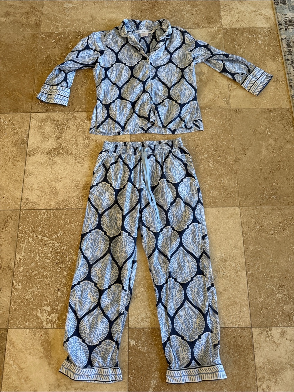Gretchen Scott Designs Navy and Light Blue Leaf-Print Pajama Set
